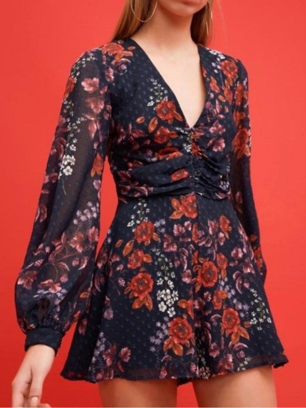 NWOT KEEPSAKE the Label Navy Long Sleeve Floral V-Neck Mini Dress
